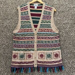 Aztec Southwestern Knit Sweater Vest Women's Large 90s Boho Fringe Napa Valley